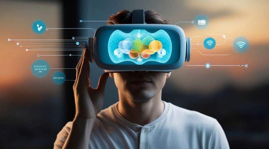 Person Wearing Virtual Reality Headset Displaying A Colorful Digital Brain Scan With Floating Technology Icons Around,