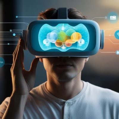 Person Wearing Virtual Reality Headset Displaying A Colorful Digital Brain Scan With Floating Technology Icons Around,